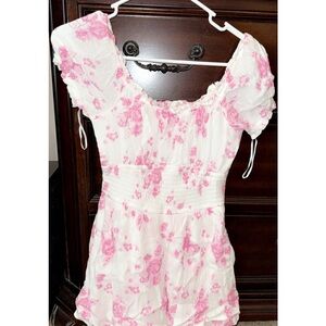 Hollister Pink and White Smocked Puff Sleeve Mini Dress